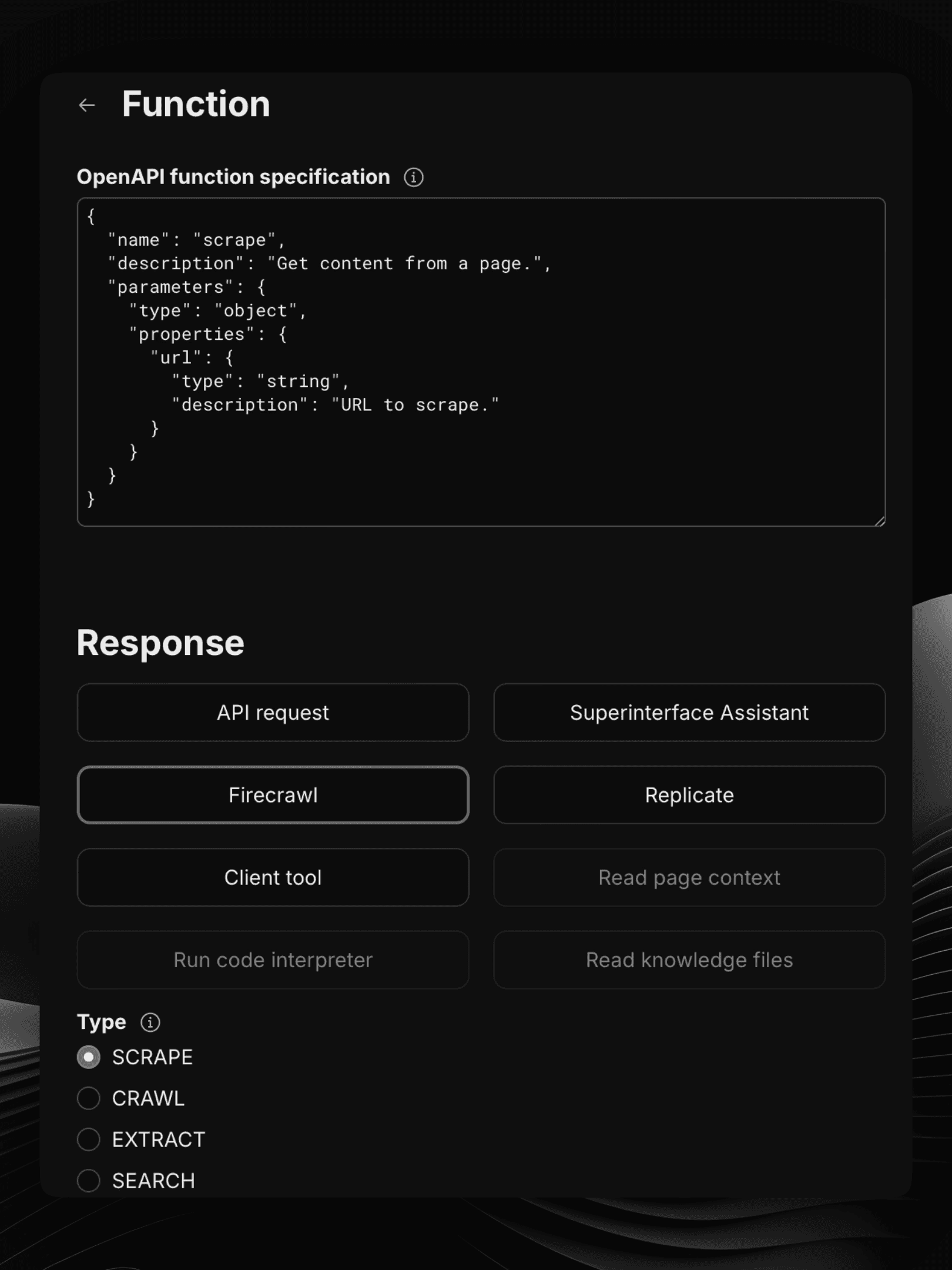 A pre-filled OpenaAPI function specification for a Firecrawl scrape function.