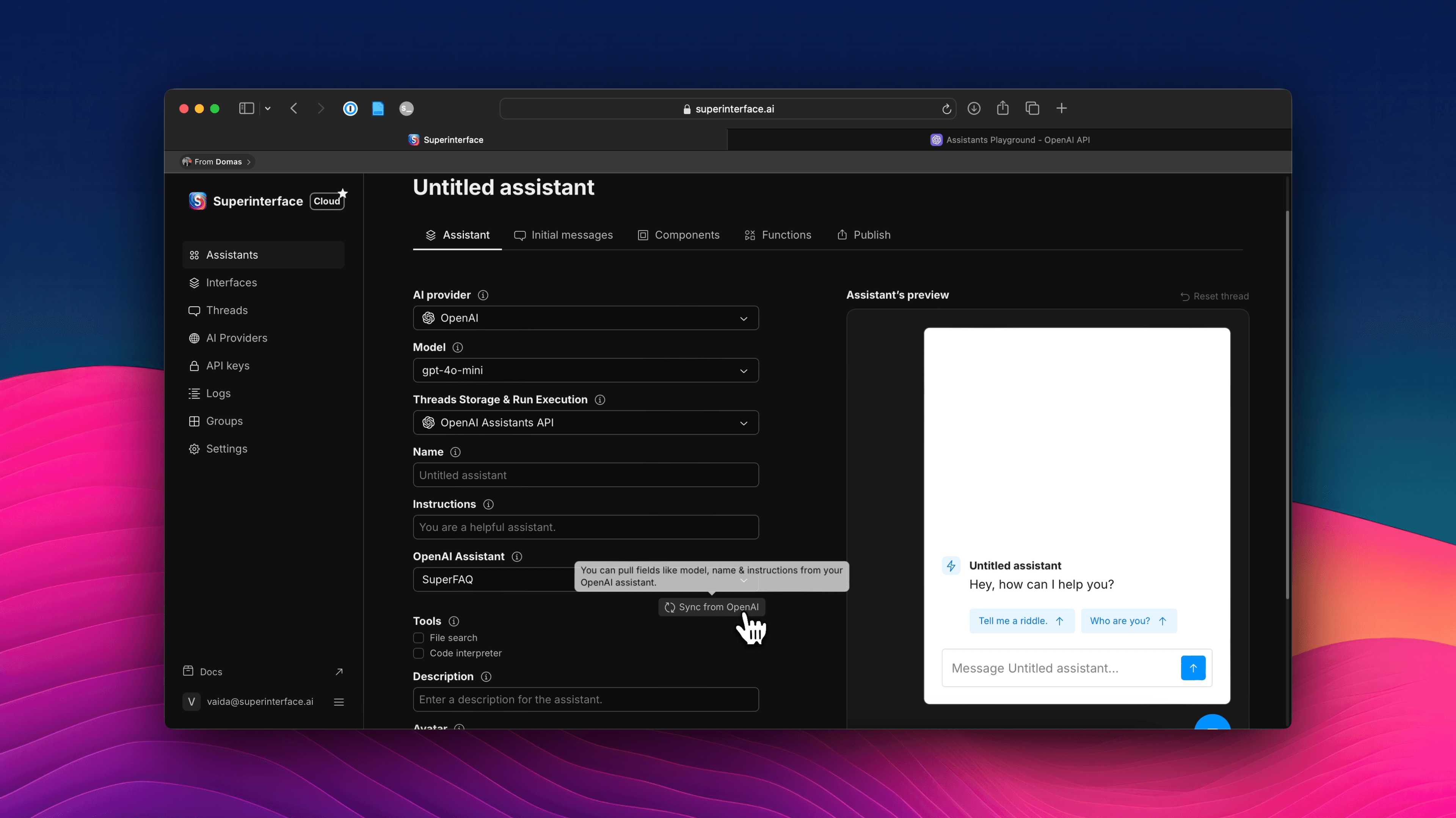Sync your assistant setup from OpenAI to Superinterface.