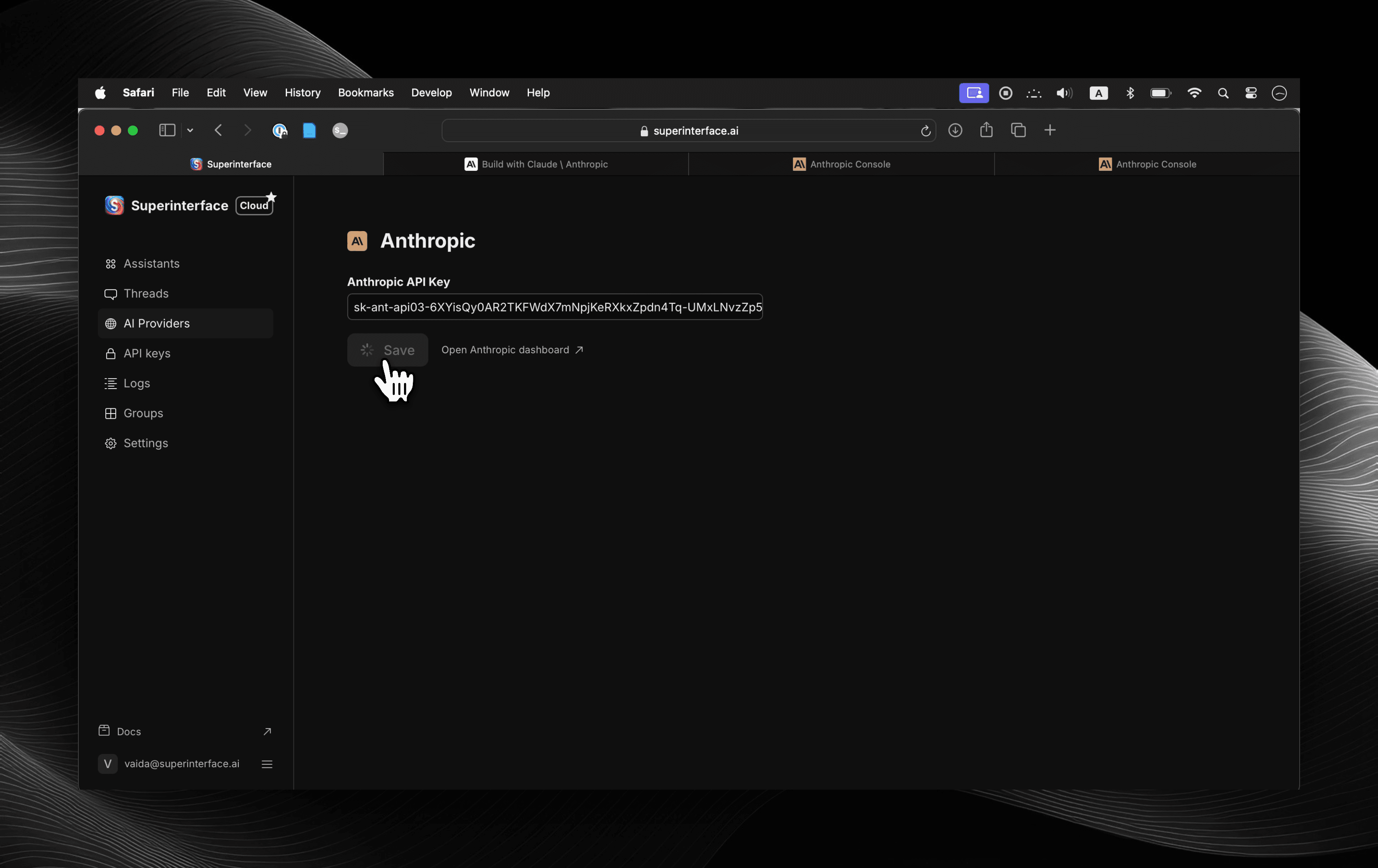 Save Anthropic API key in Superinterface.