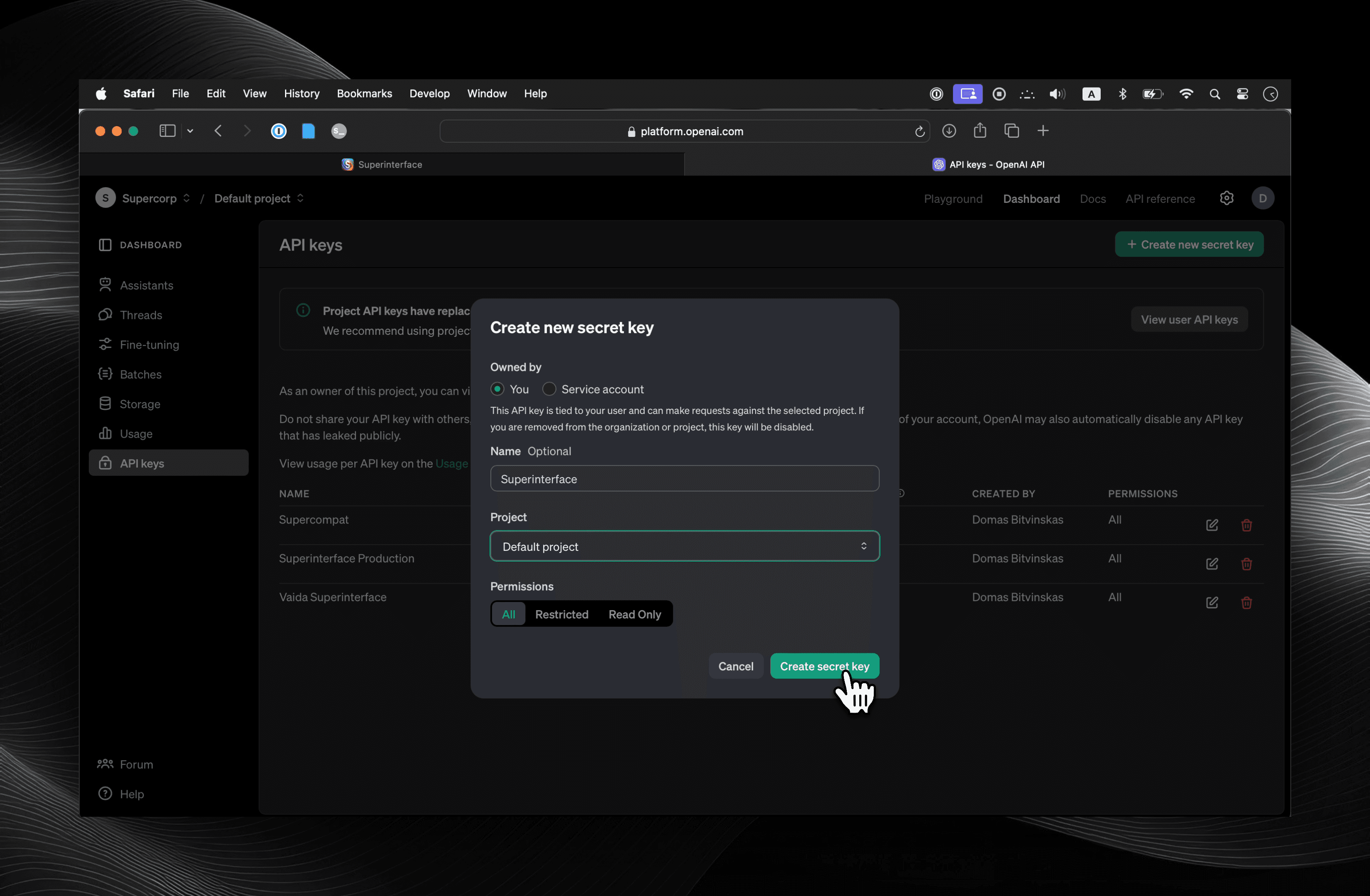 Confirm creating OpenAI API key.